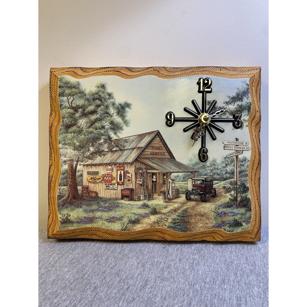 VTG Rustic Americana Wooden Painted Clock Artist Kay Lamb Shannon Print Working